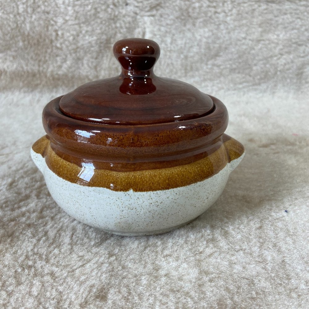 Vintage Stoneware Small Bean Pot in Tan and Brown Glaze